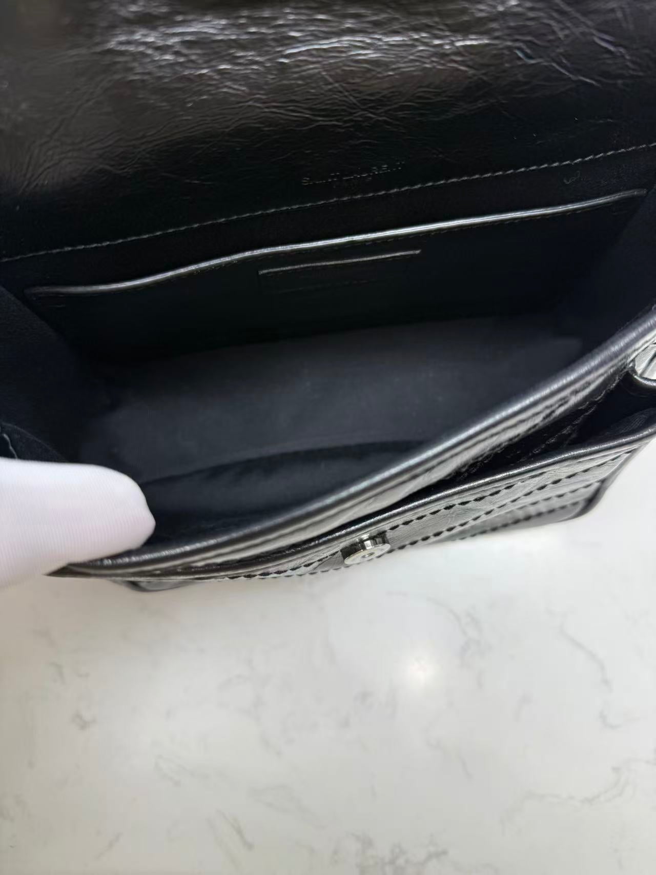 Saint Laurent - Niki Baby - Distressed crinkled leather - Black - (Small)