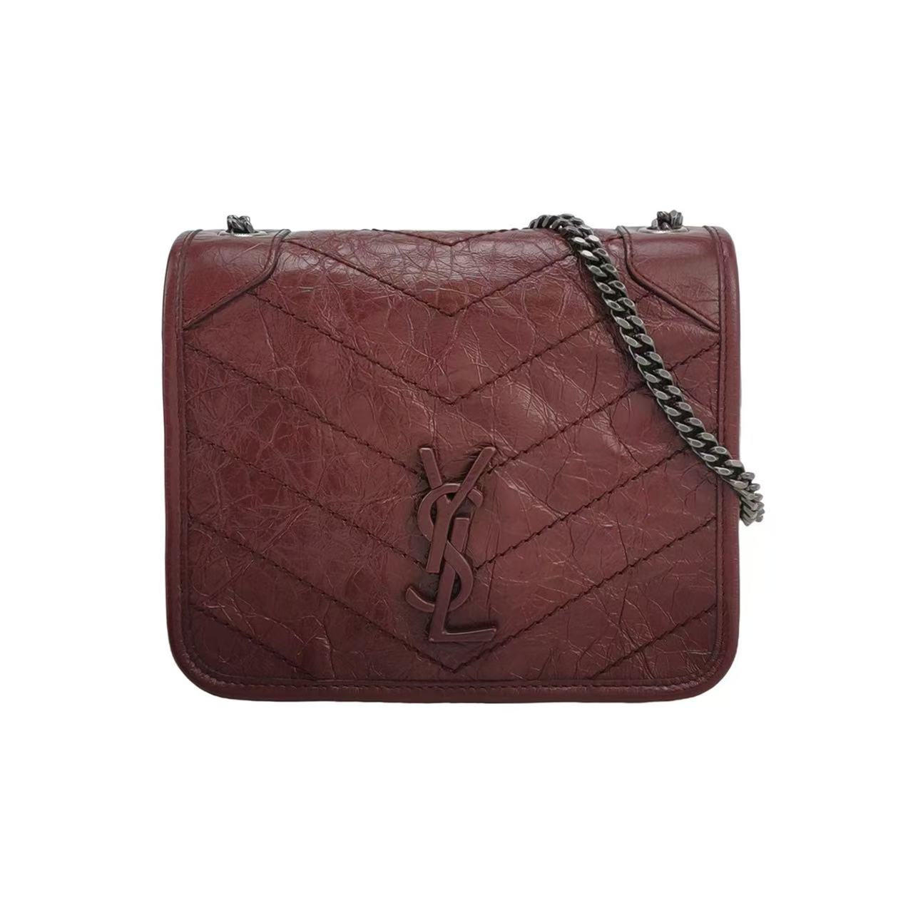 Saint Laurent - Niki chain bag - Crinkled leather - Deep red with dark silver-tone hardware - (mini)
