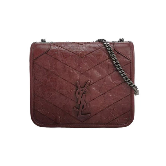 Saint Laurent - Niki chain bag - Crinkled leather - Deep red with dark silver-tone hardware - (mini)