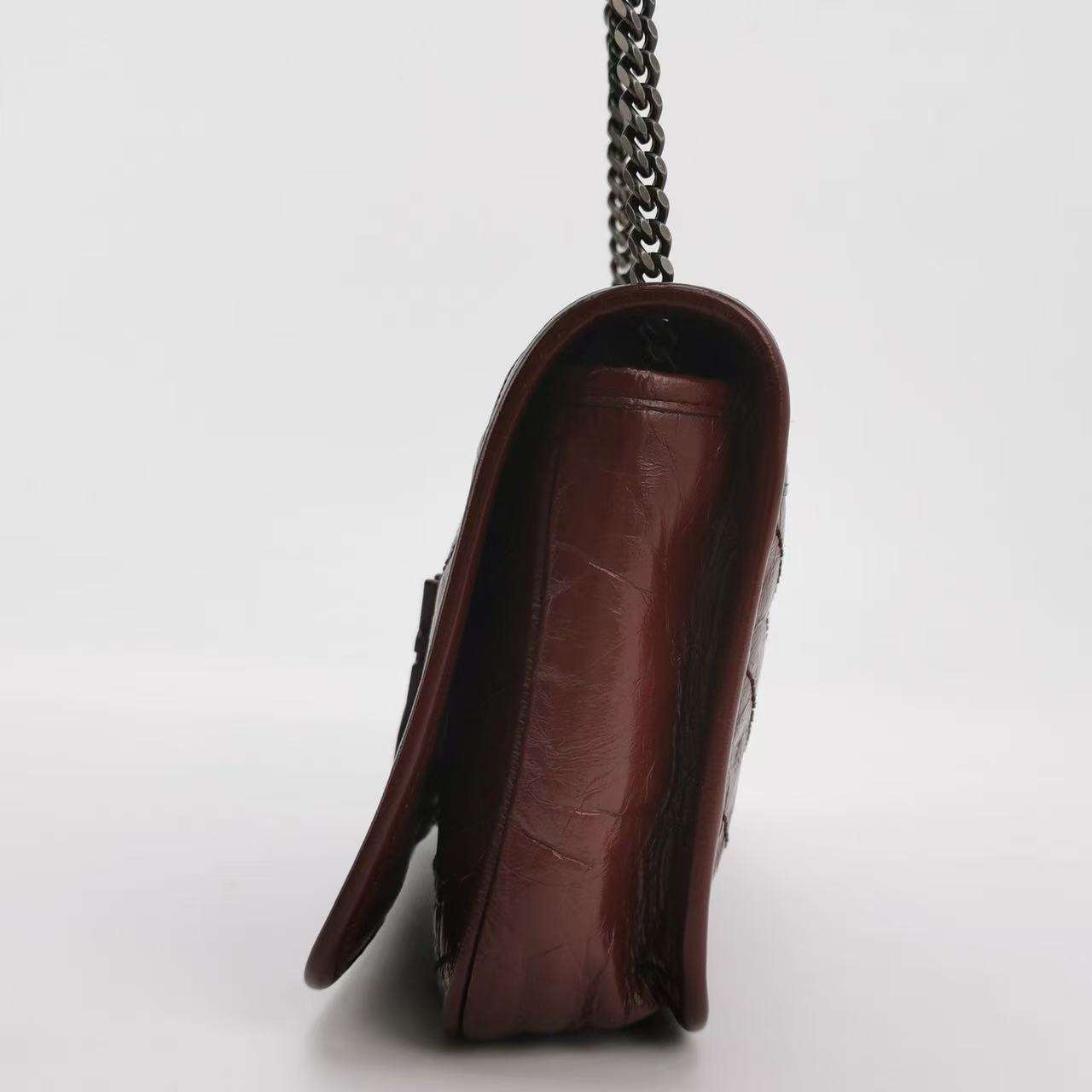 Saint Laurent - Niki chain bag - Crinkled leather - Deep red with dark silver-tone hardware - (mini)