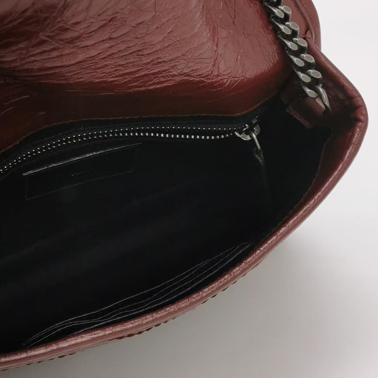 Saint Laurent - Niki chain bag - Crinkled leather - Deep red with dark silver-tone hardware - (mini)