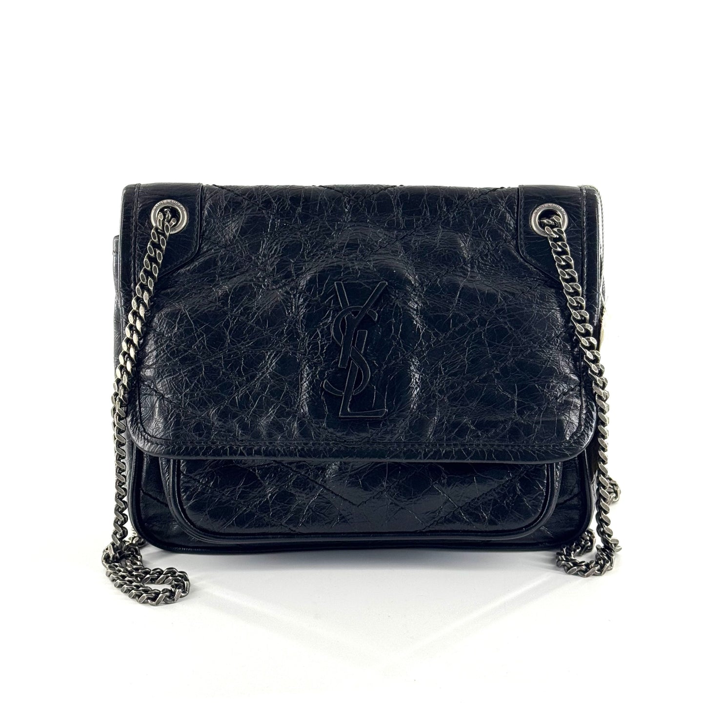 Saint Laurent - Niki - Crinkled leather - Black with Silver-Tone Hardware - (Small)