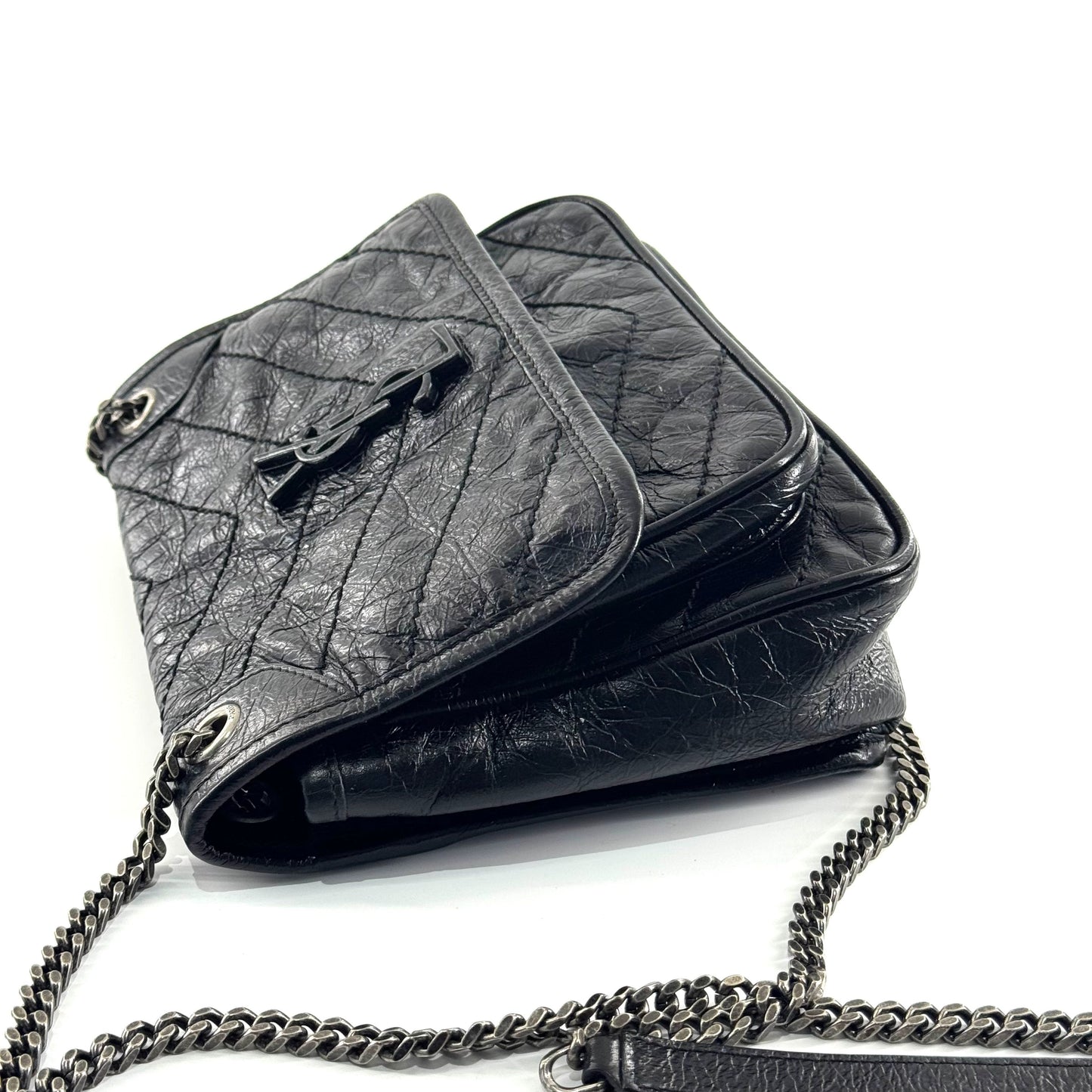 Saint Laurent - Niki - Crinkled leather - Black with Silver-Tone Hardware - (Small)