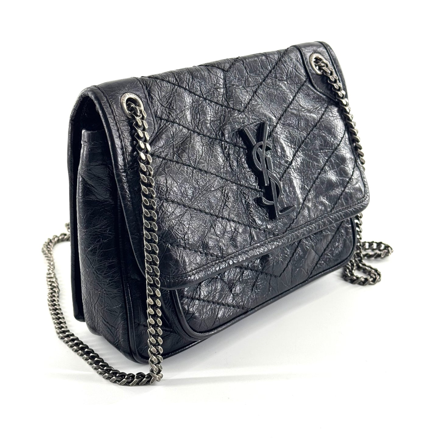 Saint Laurent - Niki - Crinkled leather - Black with Silver-Tone Hardware - (Small)