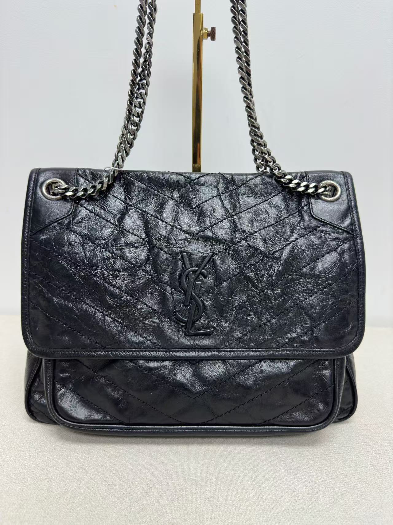 Saint Laurent - Niki - Crinkled vintage leather - Black with Silver-Tone Hardware - (large)