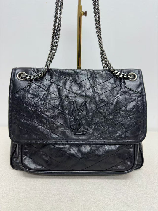 Saint Laurent - Niki - Crinkled vintage leather - Black with Silver-Tone Hardware - (large)