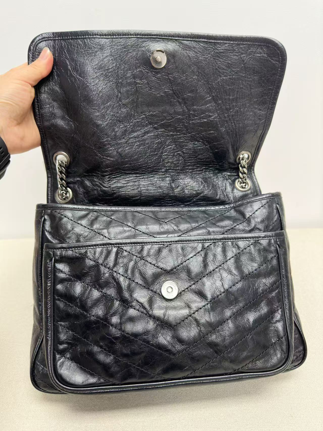 Saint Laurent - Niki - Crinkled vintage leather - Black with Silver-Tone Hardware - (large)