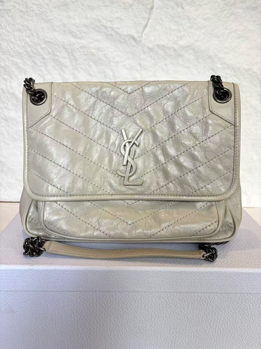 Saint Laurent - NIKI - Distressed calfskin leather - Greige with Ruthenium-Tone Hardware - (Small)