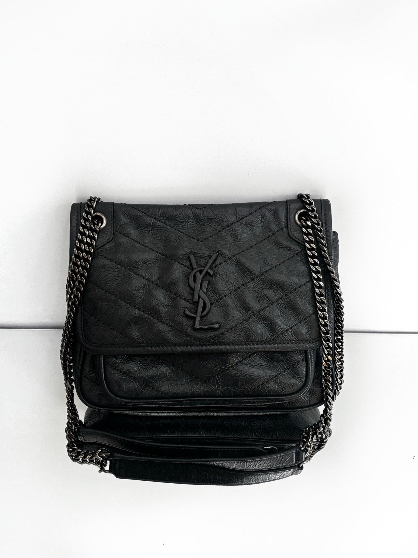 Saint Laurent - Niki - Distressed calfskin leather - Grey with Aged Silver-Tone Hardware - (small)