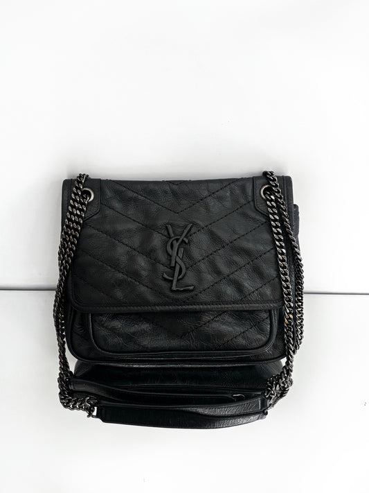 Saint Laurent - Niki - Distressed calfskin leather - Grey with Aged Silver-Tone Hardware - (small)