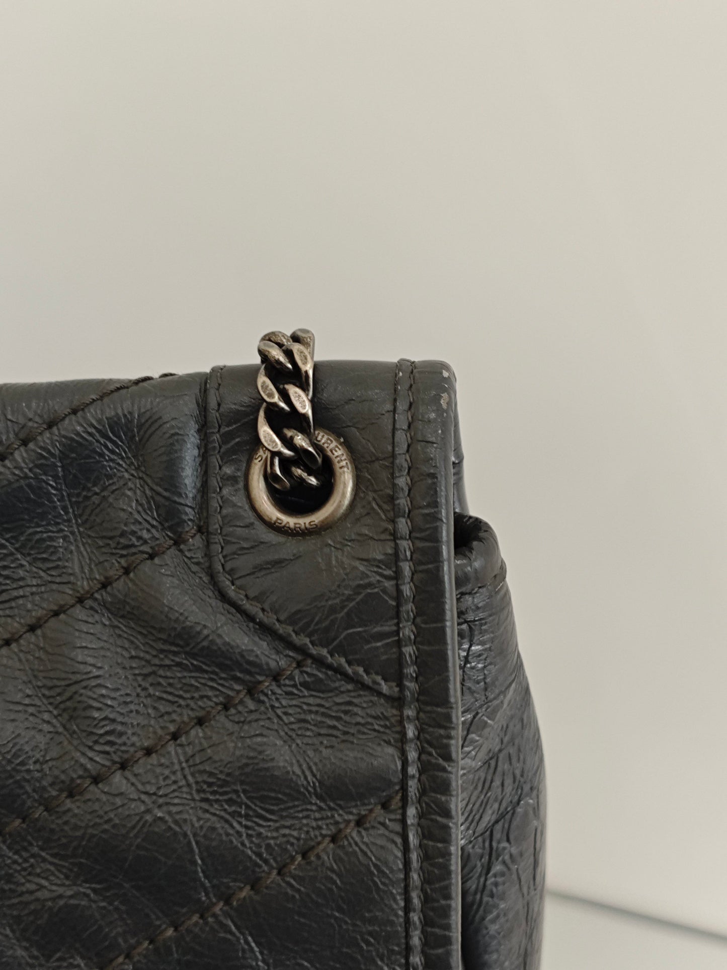 Saint Laurent - Niki - Distressed calfskin leather - Grey with Aged Silver-Tone Hardware - (small)