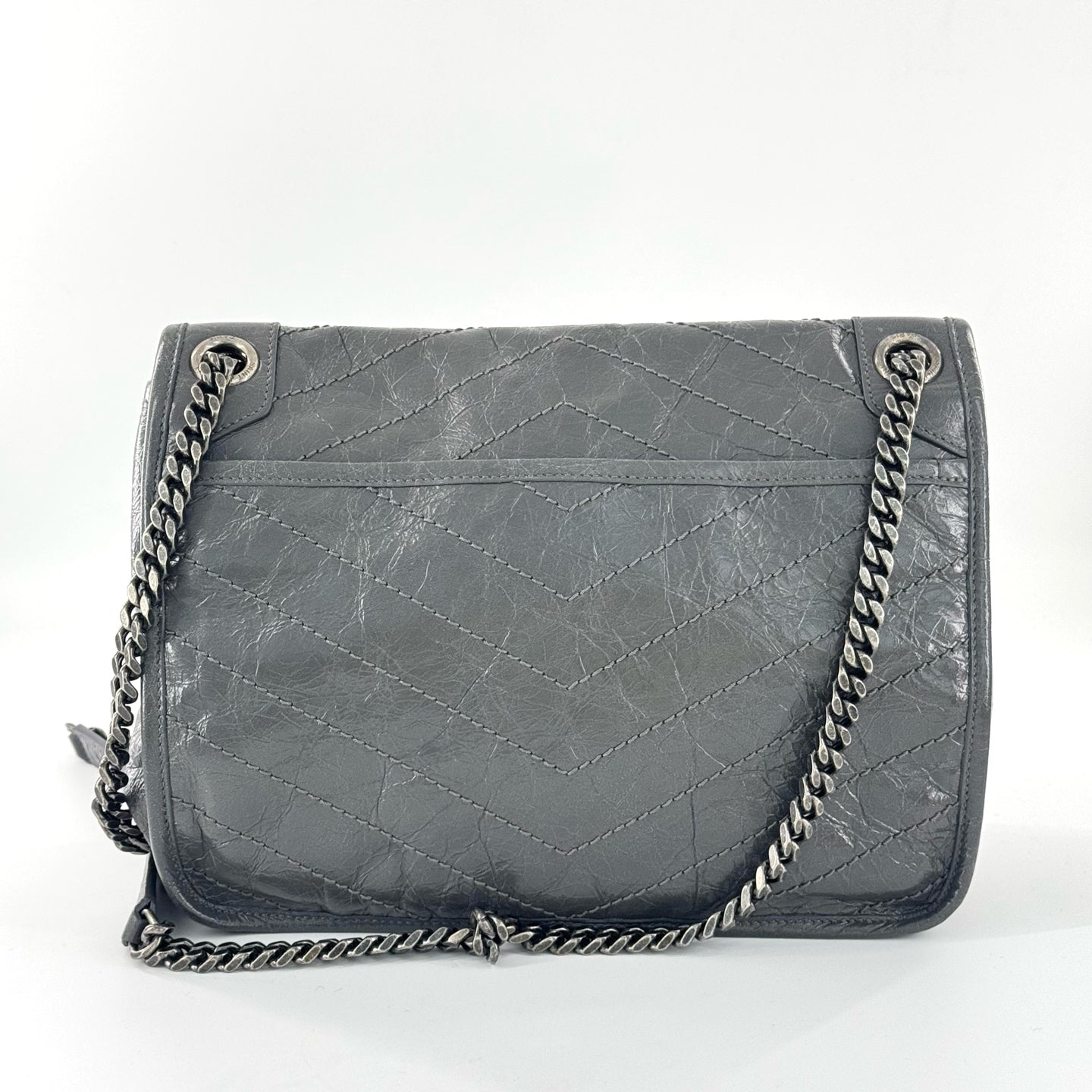 Saint Laurent - Niki - Distressed leather - Grey with Gunmetal-Tone Hardware - (Medium)