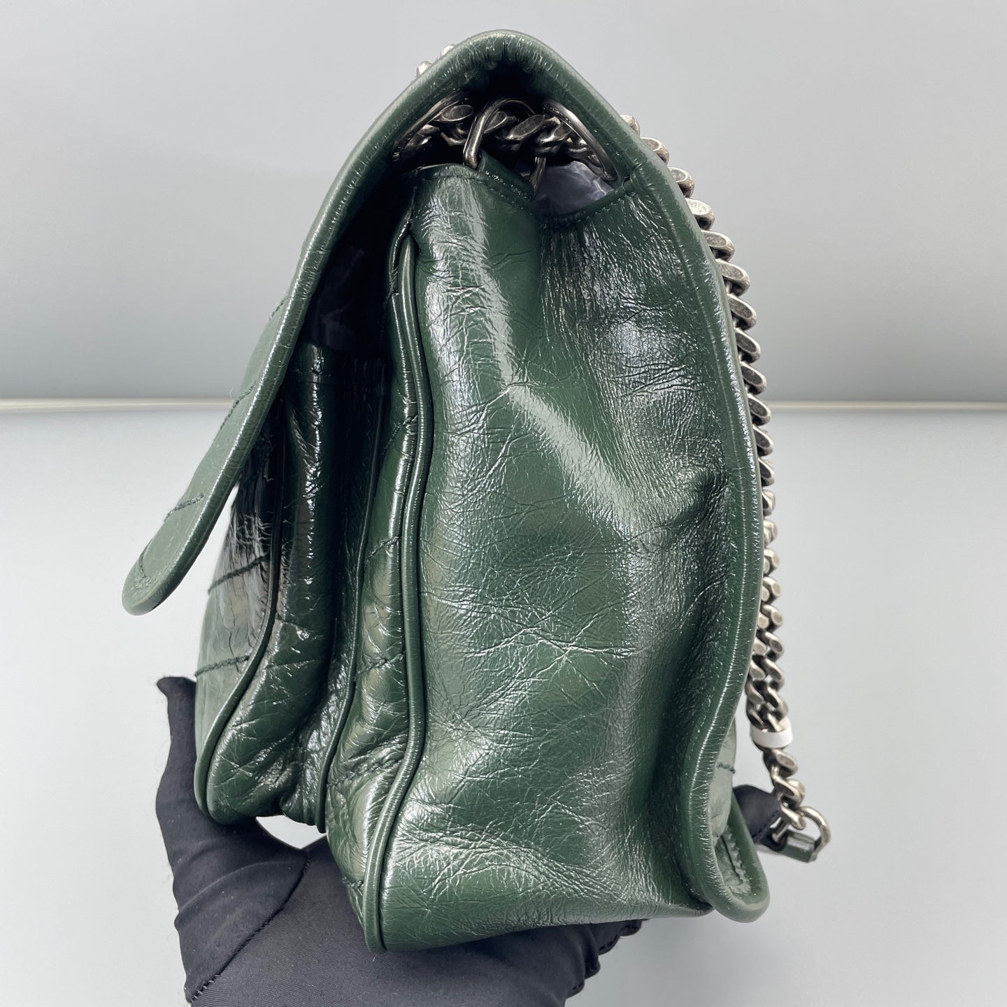 Saint Laurent - Niki Medium - Crinkled calfskin leather - Dark Green with Silver-Tone Hardware - (Medium)