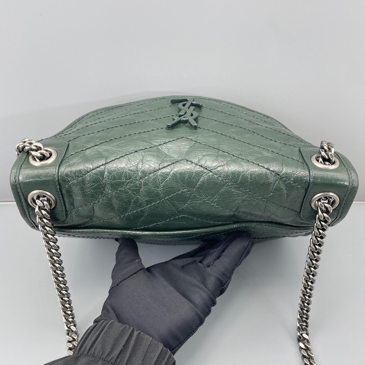 Saint Laurent - Niki Medium - Crinkled calfskin leather - Dark Green with Silver-Tone Hardware - (Medium)