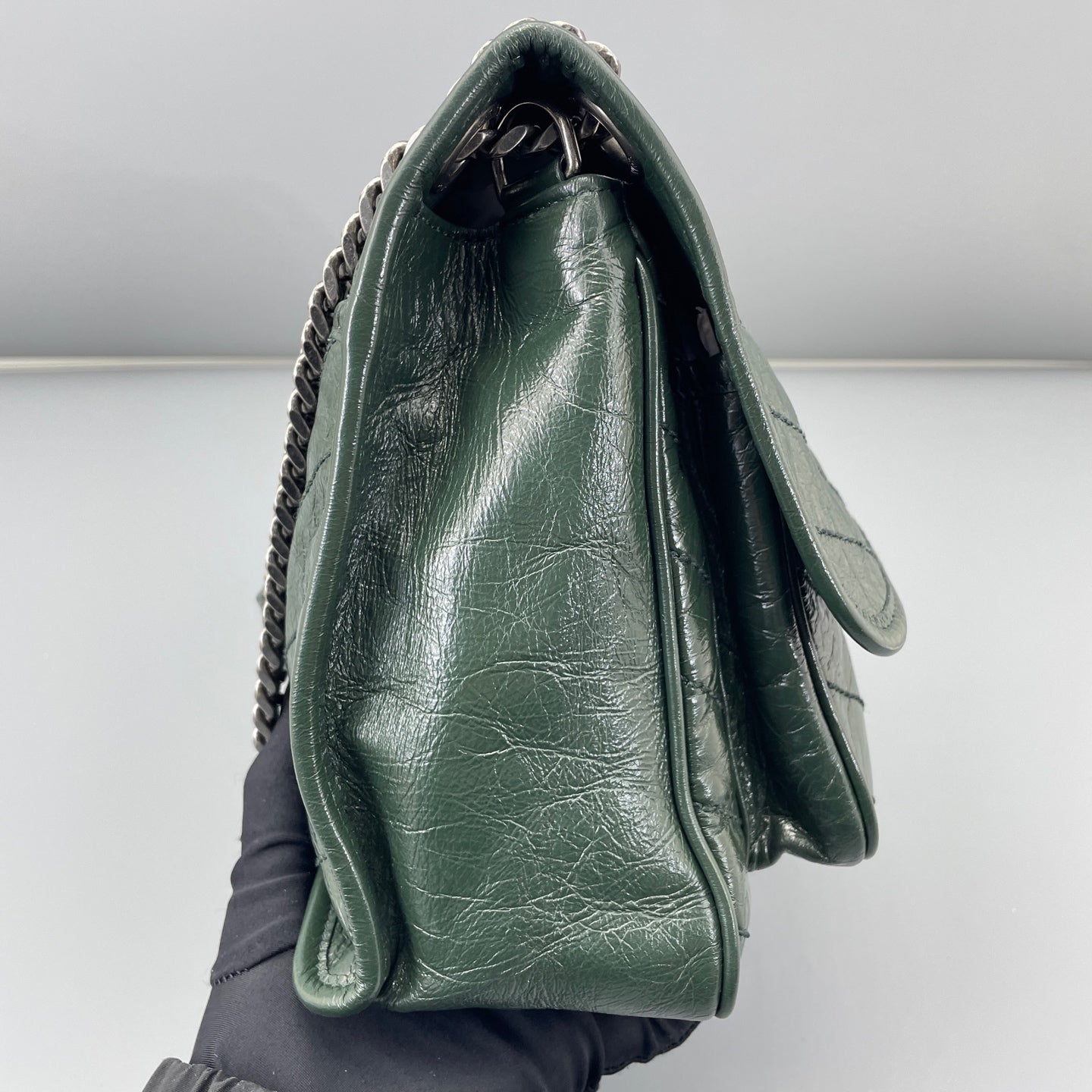 Saint Laurent - Niki Medium - Crinkled calfskin leather - Dark Green with Silver-Tone Hardware - (Medium)