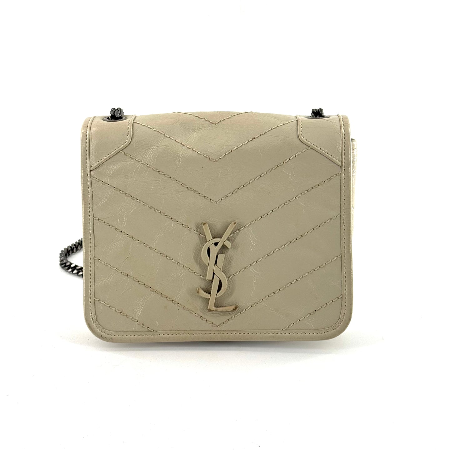 Saint Laurent - Niki Mini - Crinkled calfskin leather - Beige with Ruthenium-Tone Hardware - (mini)