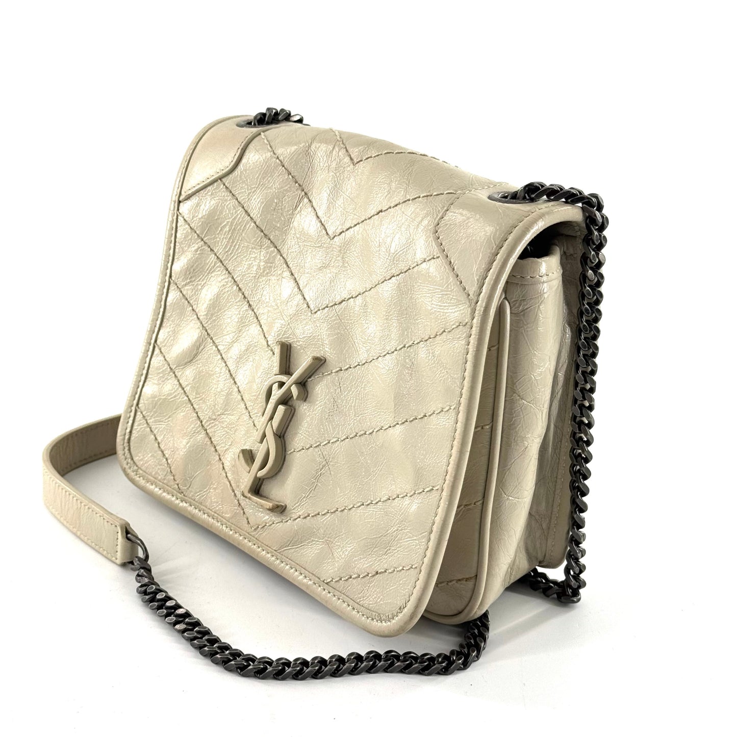 Saint Laurent - Niki Mini - Crinkled calfskin leather - Beige with Ruthenium-Tone Hardware - (mini)