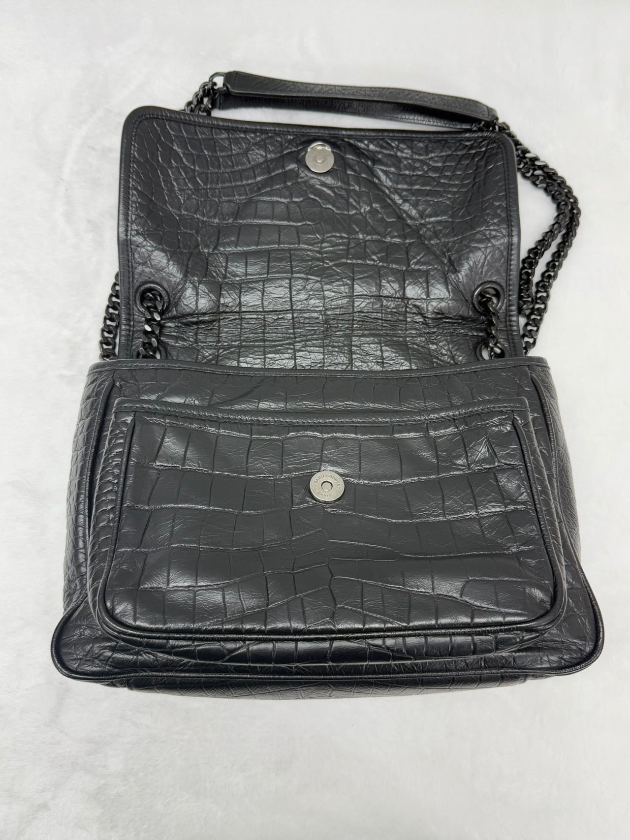 Saint Laurent - Niki - Oiled wax leather with crocodile embossing - Black - (medium)