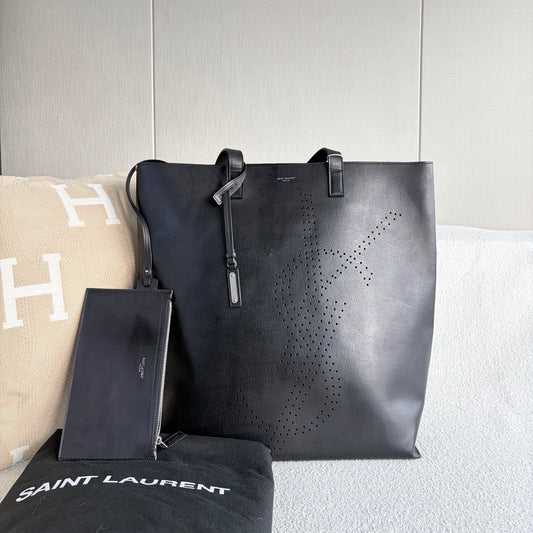 Saint Laurent - Perforated YSL Shopping Bag Tote - Leather - Black - (Large)