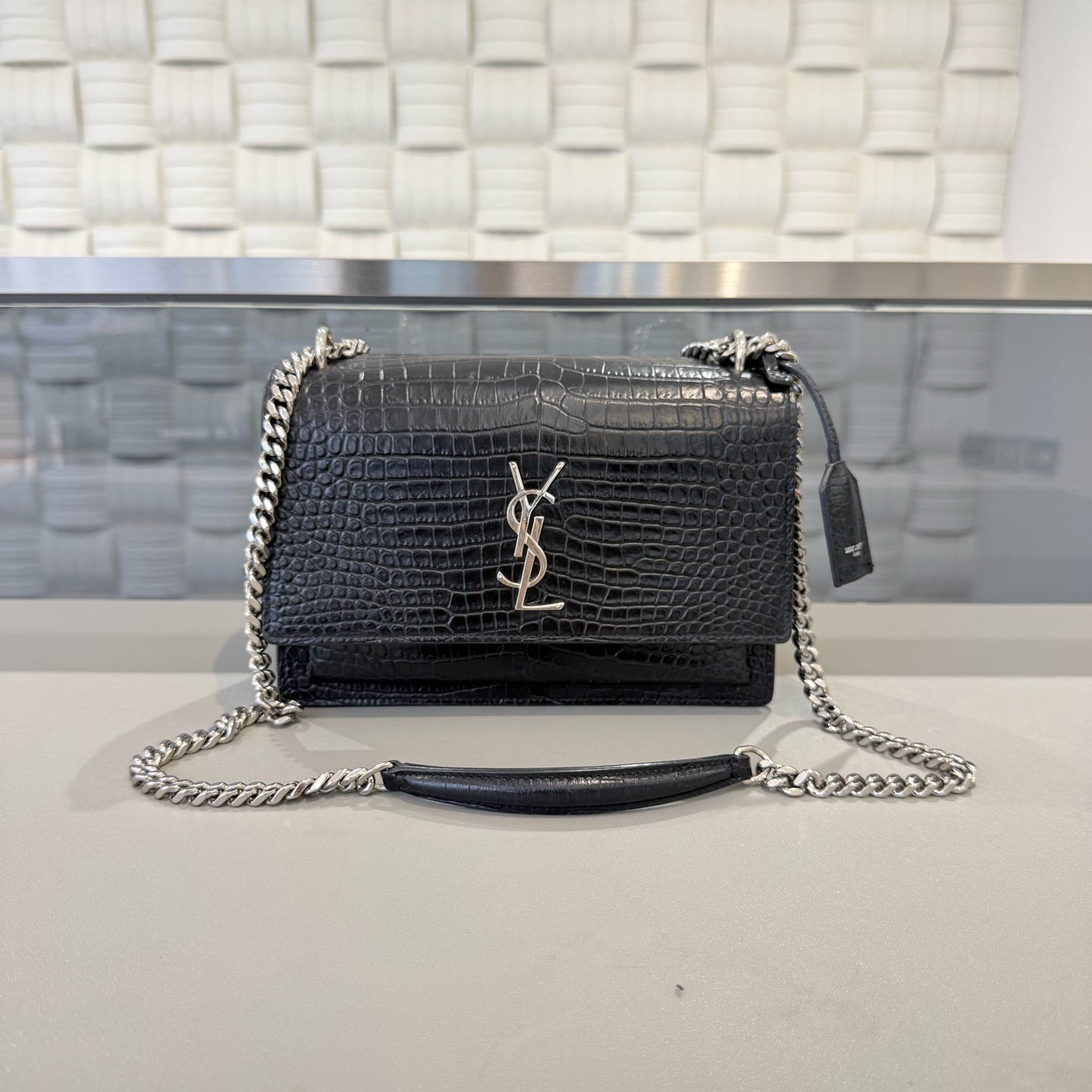 Saint Laurent - Sunset Bag - Croc-embossed cowhide leather - Black with silver-tone hardware - (Medium)