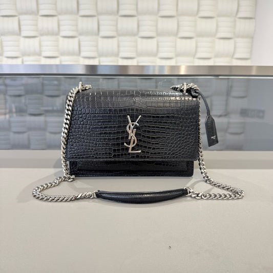 Saint Laurent - Sunset Bag - Croc-embossed cowhide leather - Black with silver-tone hardware - (Medium)