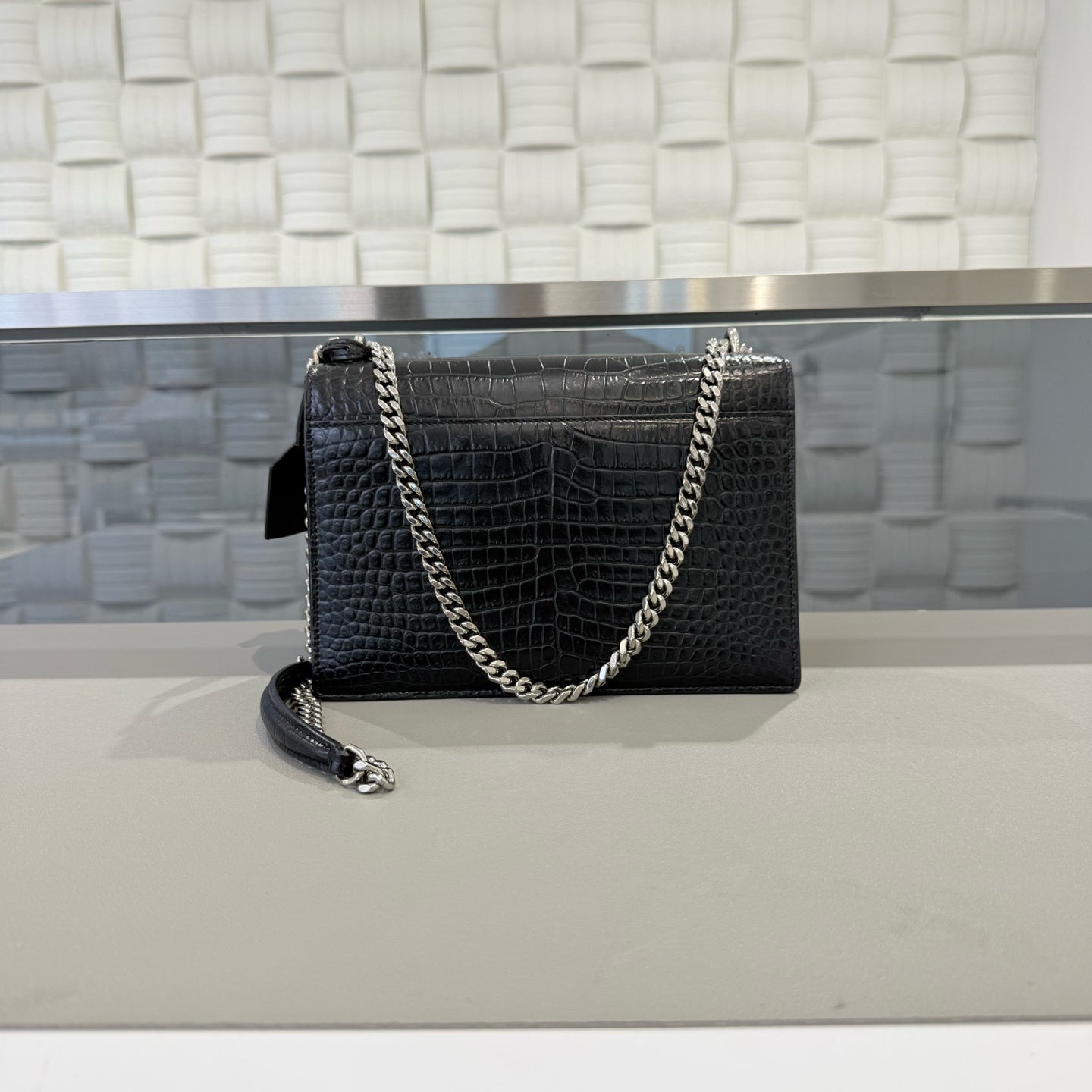 Saint Laurent - Sunset Bag - Croc-embossed cowhide leather - Black with silver-tone hardware - (Medium)