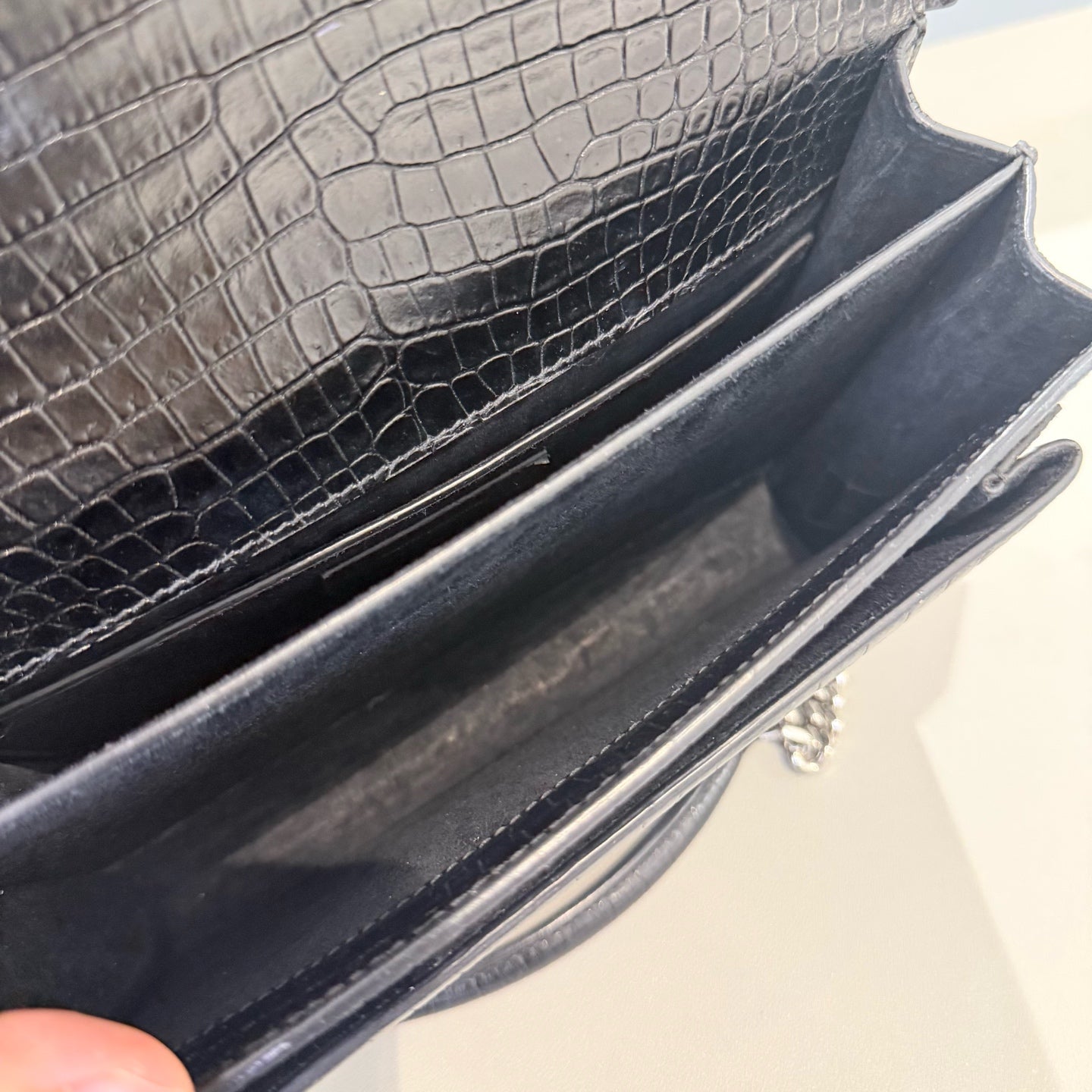 Saint Laurent - Sunset Bag - Croc-embossed cowhide leather - Black with silver-tone hardware - (Medium)