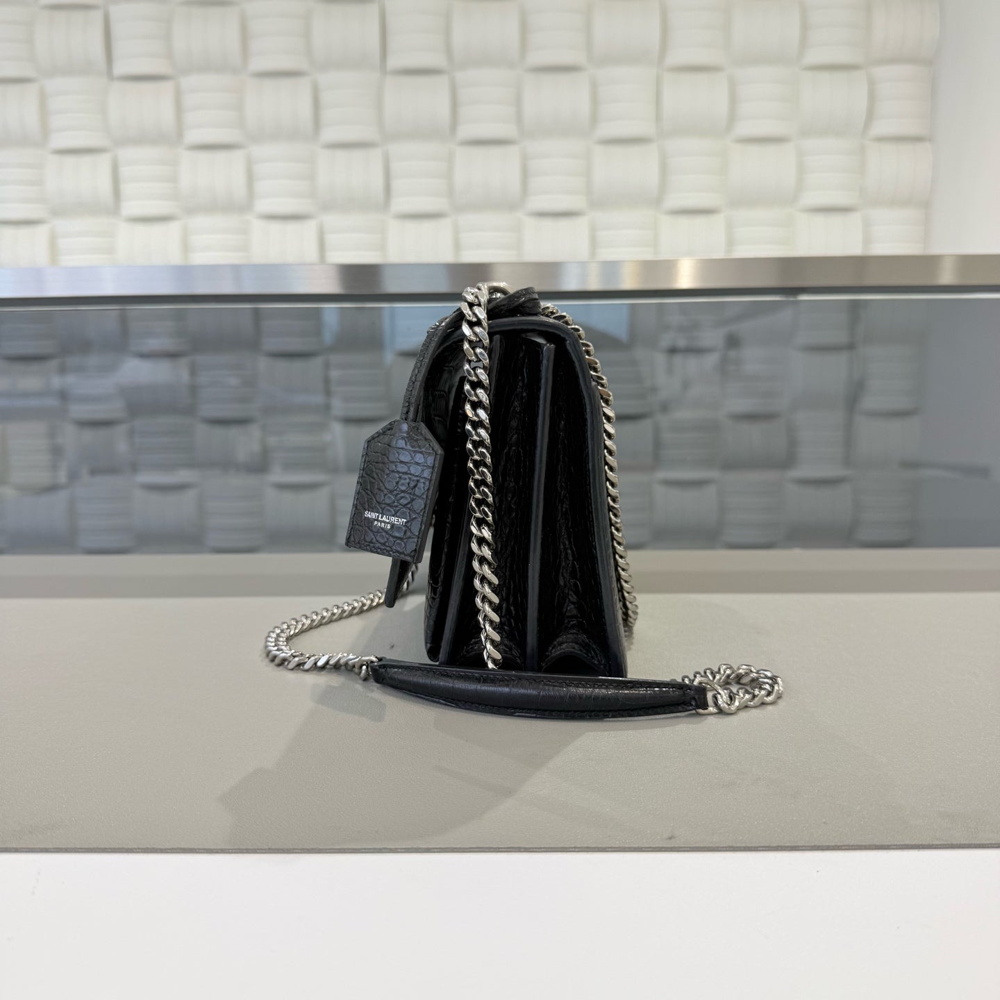 Saint Laurent - Sunset Bag - Croc-embossed cowhide leather - Black with silver-tone hardware - (Medium)