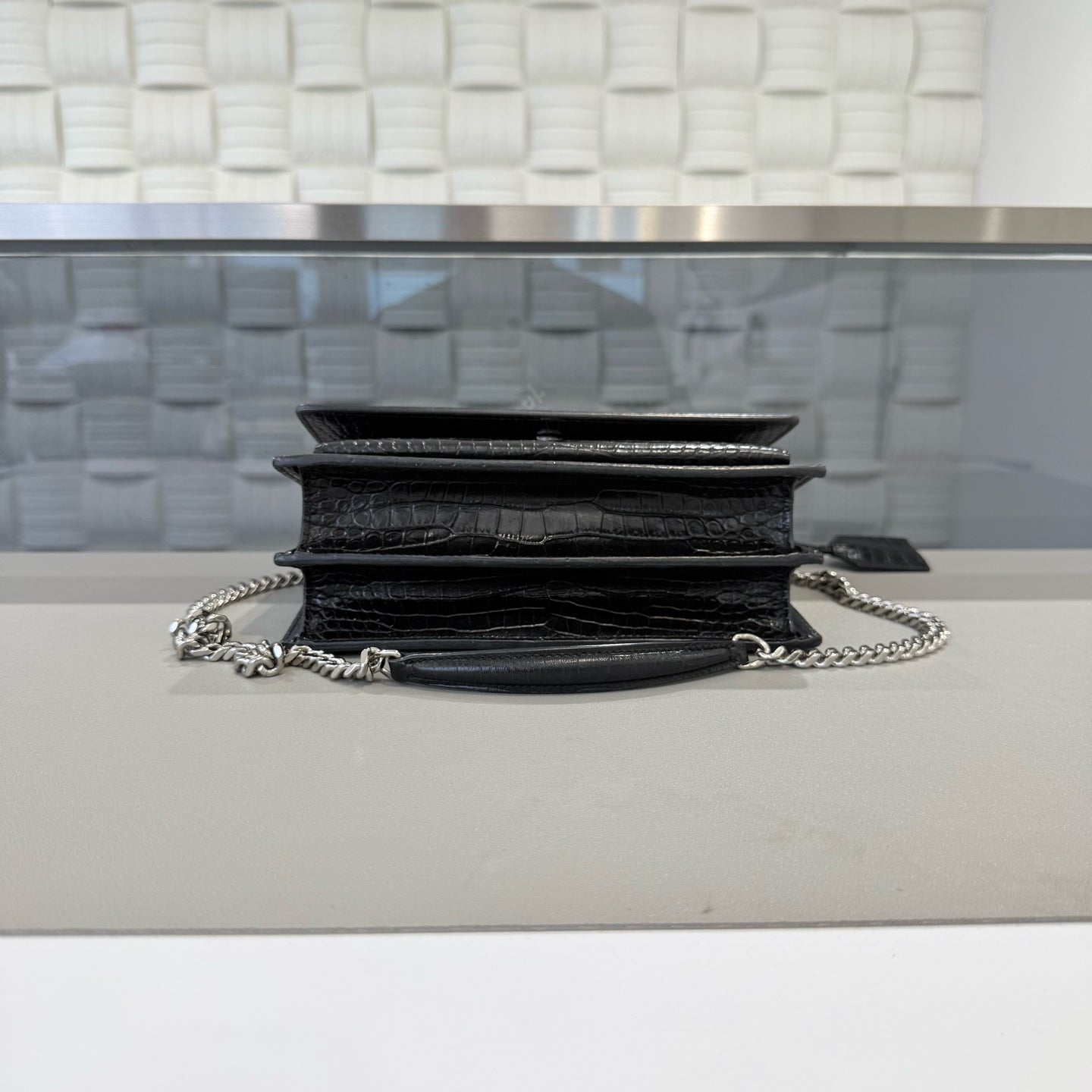 Saint Laurent - Sunset Bag - Croc-embossed cowhide leather - Black with silver-tone hardware - (Medium)