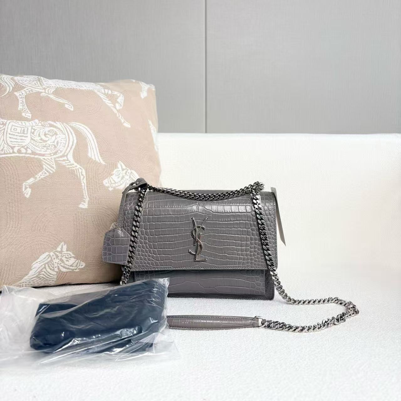 Saint Laurent - Sunset Bag - Leather - Grey with Silver-Tone Hardware - (Medium)