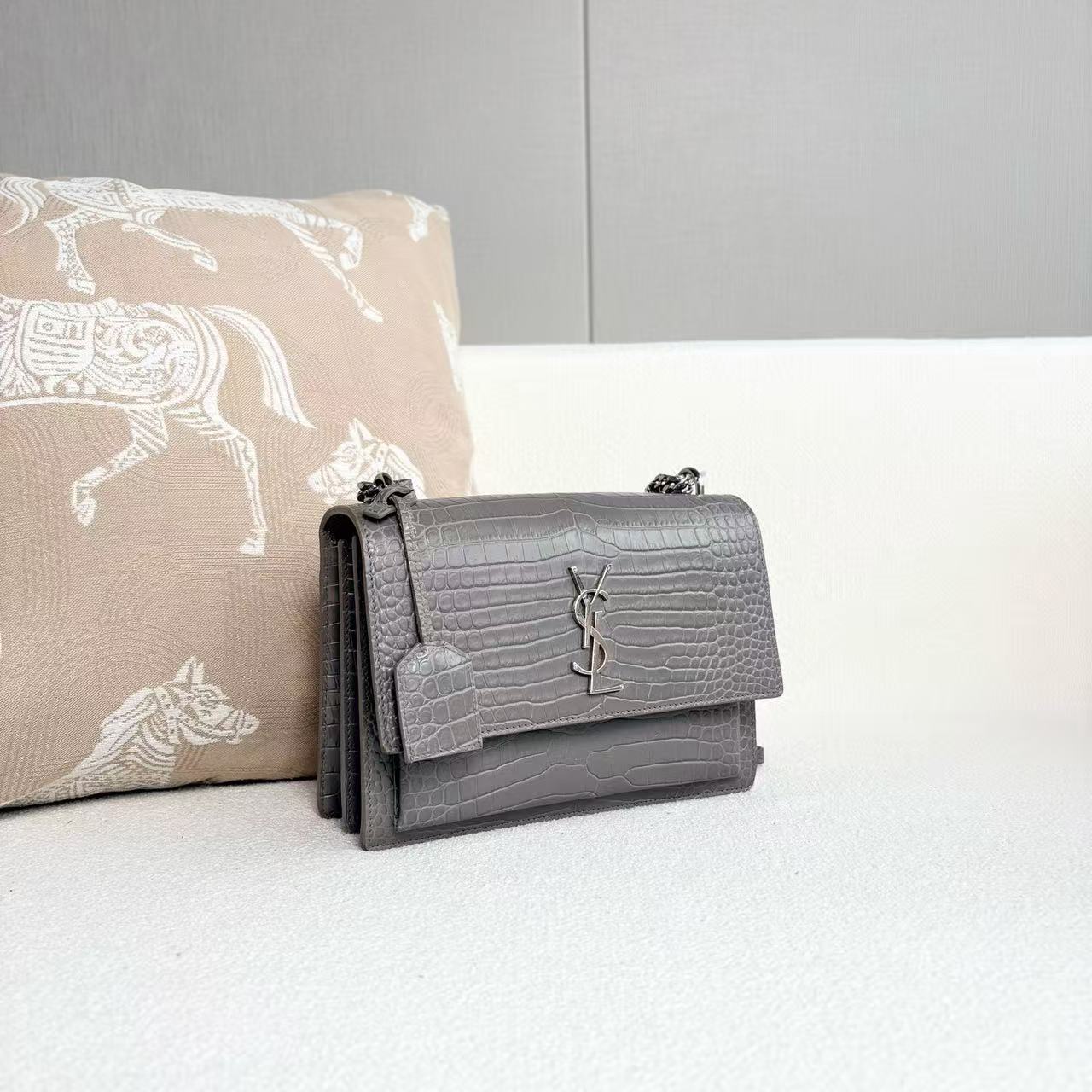 Saint Laurent - Sunset Bag - Leather - Grey with Silver-Tone Hardware - (Medium)