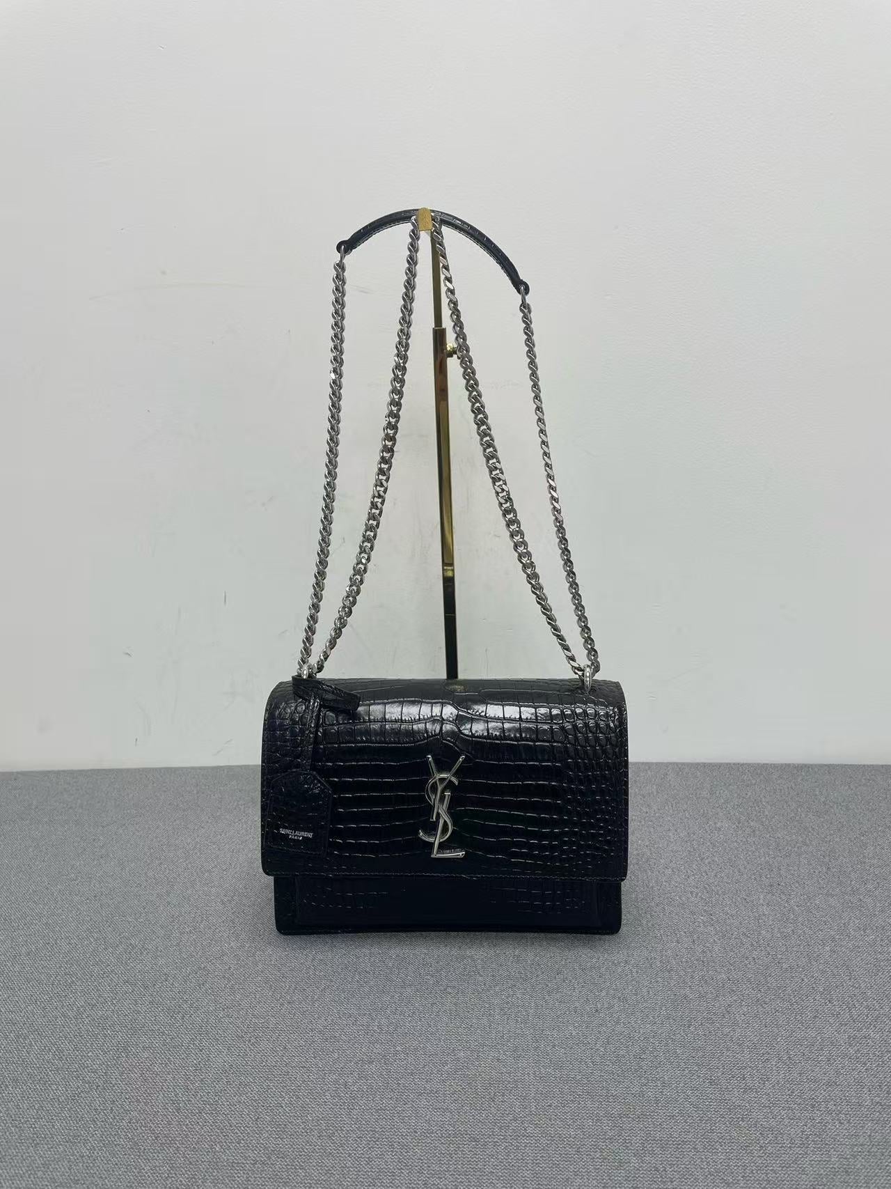 Saint Laurent - Sunset - Crocodile embossed leather - Black with Silver-Tone Hardware - (small)