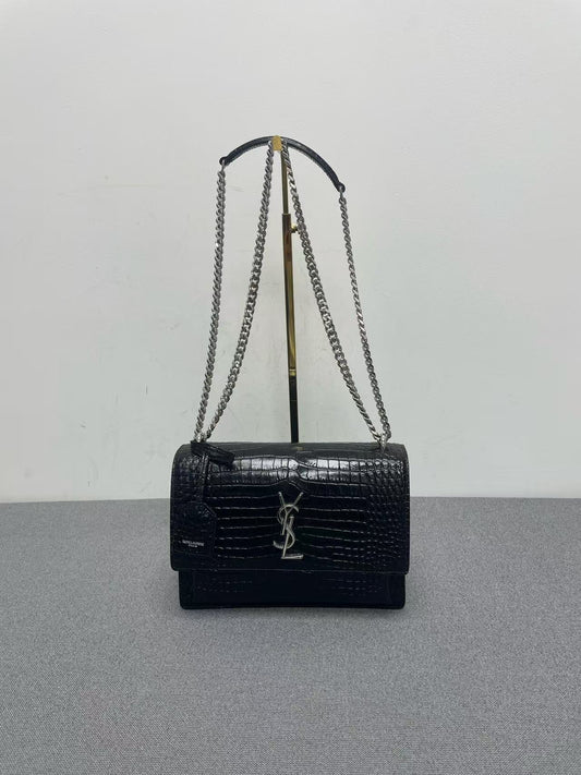 Saint Laurent - Sunset - Crocodile embossed leather - Black with Silver-Tone Hardware - (small)