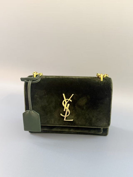 Saint Laurent - Sunset - Velvet and Leather - Dark Green with Gold-Tone Hardware - (mini)