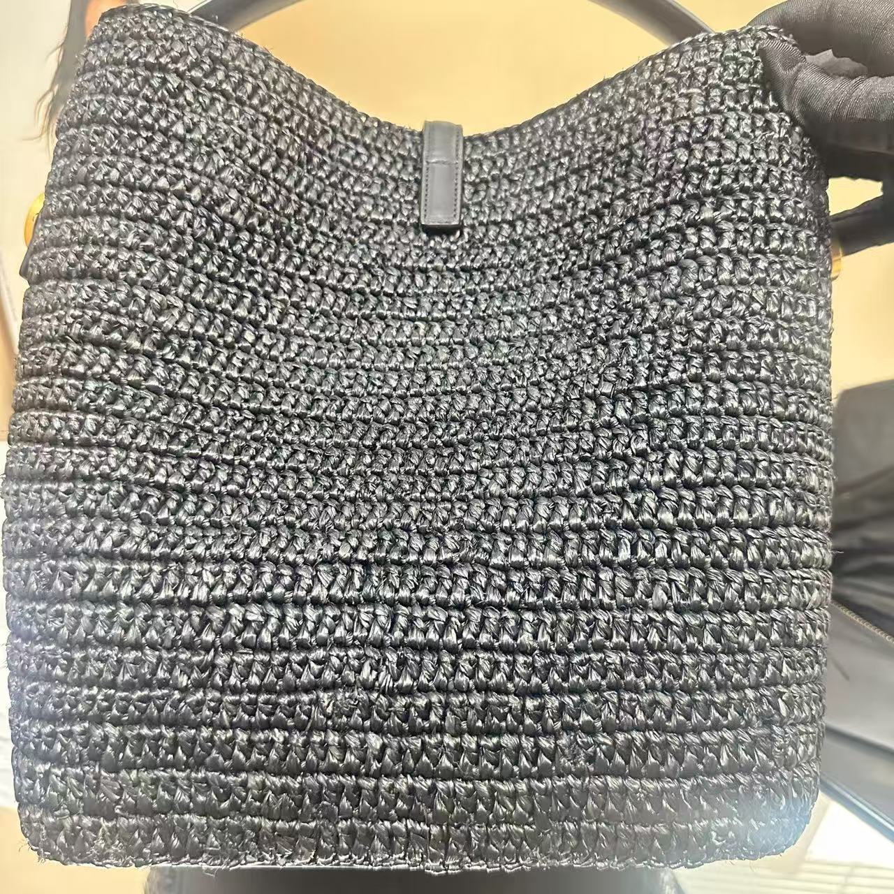 Saint Laurent - Woven Bucket Bag - Woven raffia with leather trim - Black - (medium)