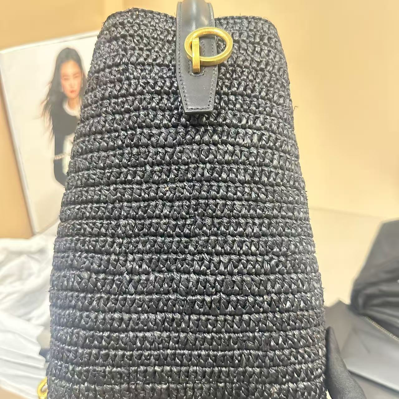 Saint Laurent - Woven Bucket Bag - Woven raffia with leather trim - Black - (medium)