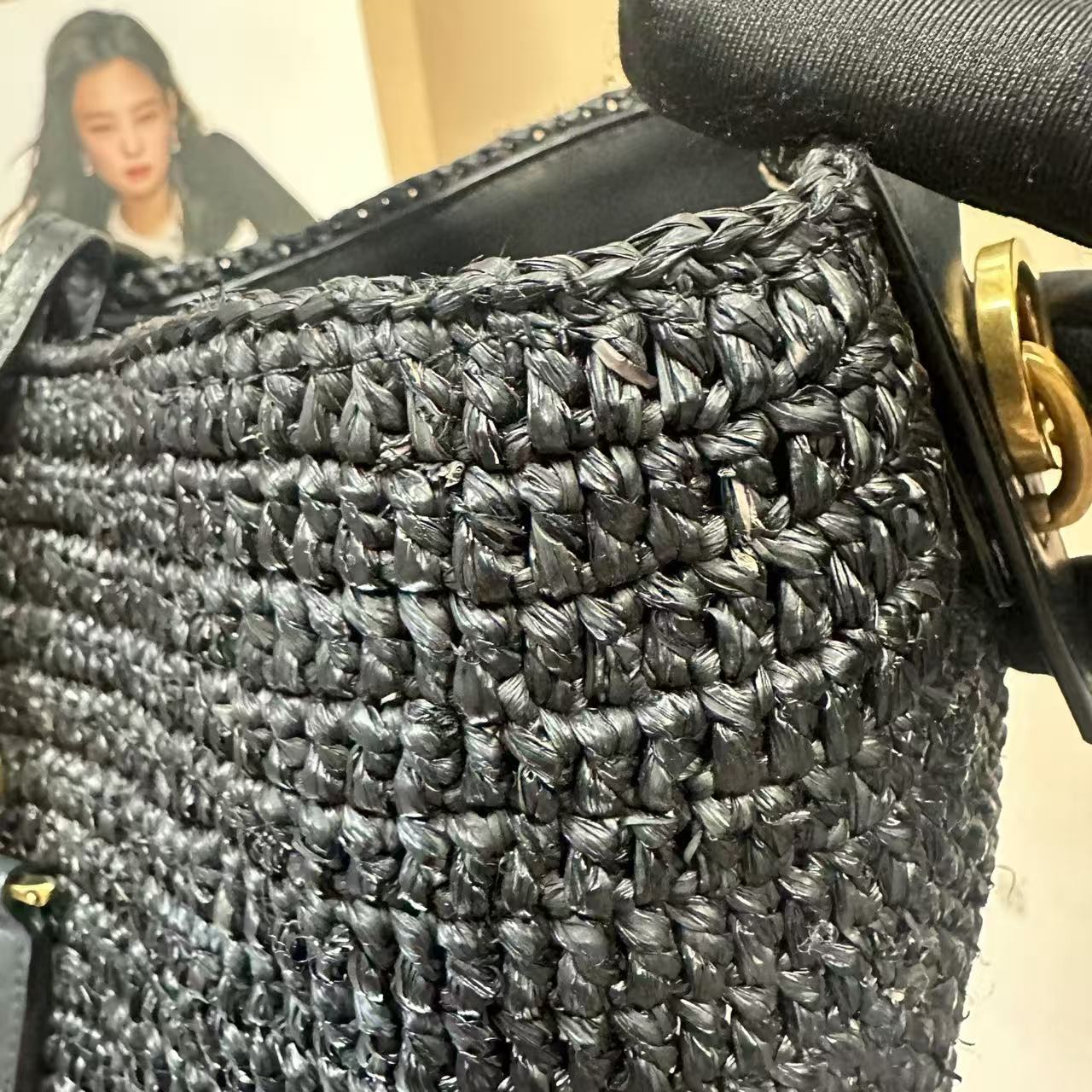 Saint Laurent - Woven Bucket Bag - Woven raffia with leather trim - Black - (medium)