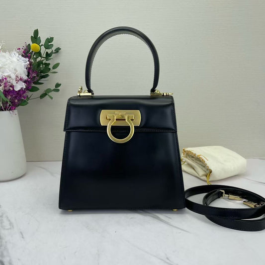 Salvatore Ferragamo - Gancini Top Handle Bag - Calfskin leather - Black with Gold-Tone Hardware - (small)