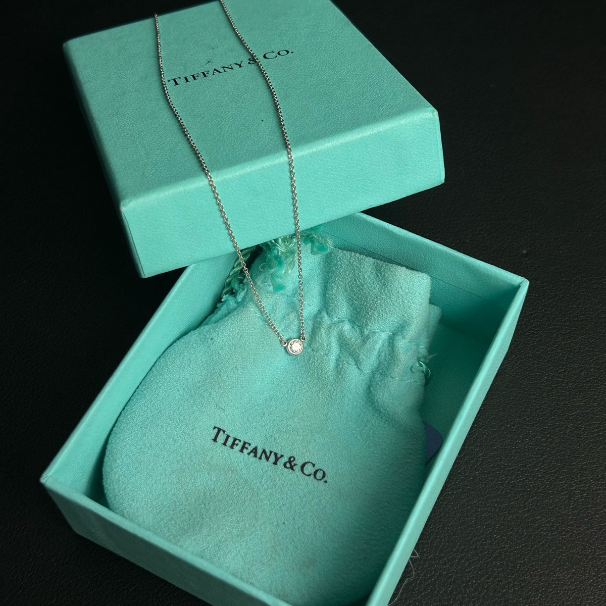 Tiffany & Co. - Elsa Peretti Diamonds by the Yard Necklace - PT950 platinum chain and bezel-set pendant with an approximately 0.10 ct diamond - Silver - (Approximately 40 cm)