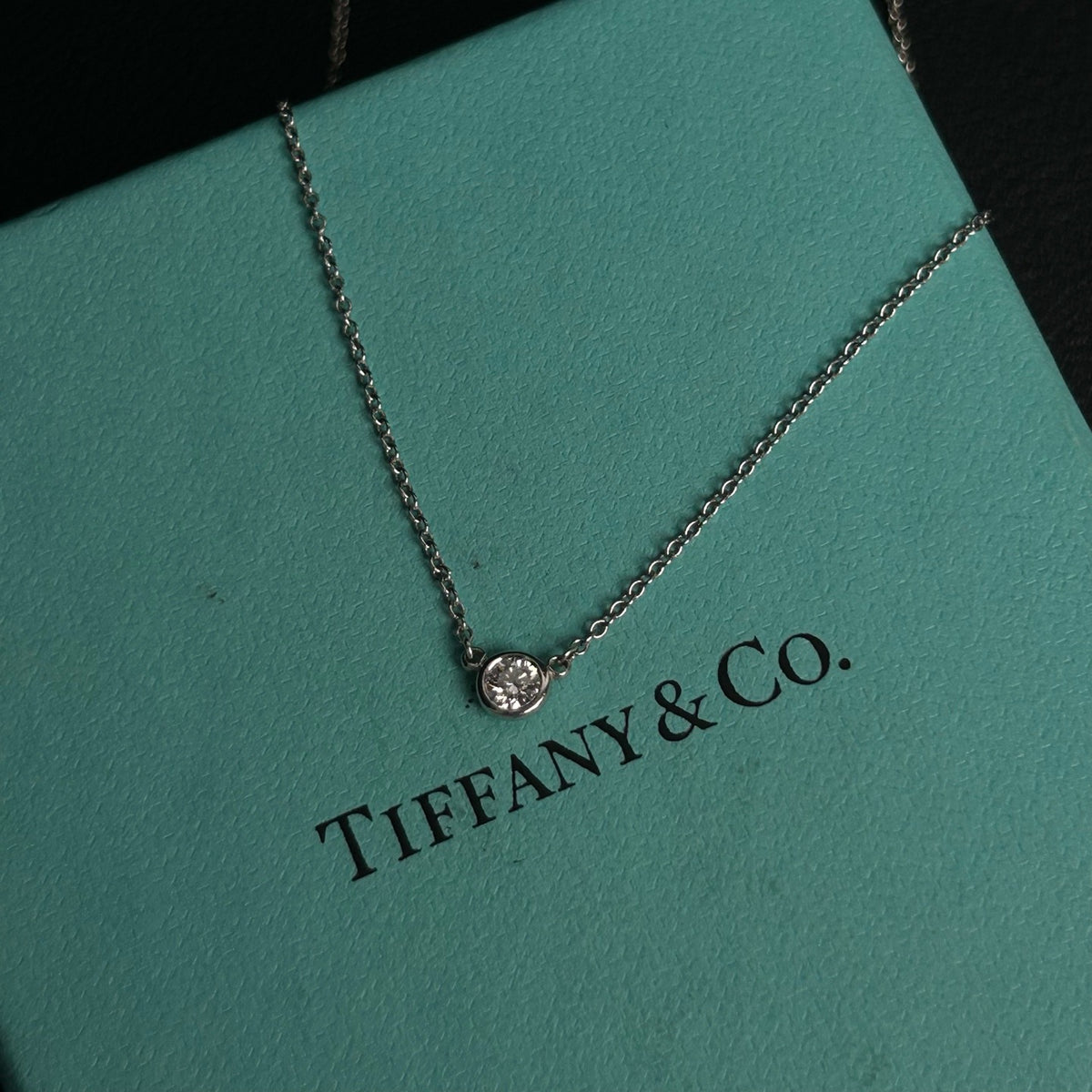 Tiffany & Co. - Elsa Peretti Diamonds by the Yard Necklace - PT950 platinum chain and bezel-set pendant with an approximately 0.10 ct diamond - Silver - (Approximately 40 cm)