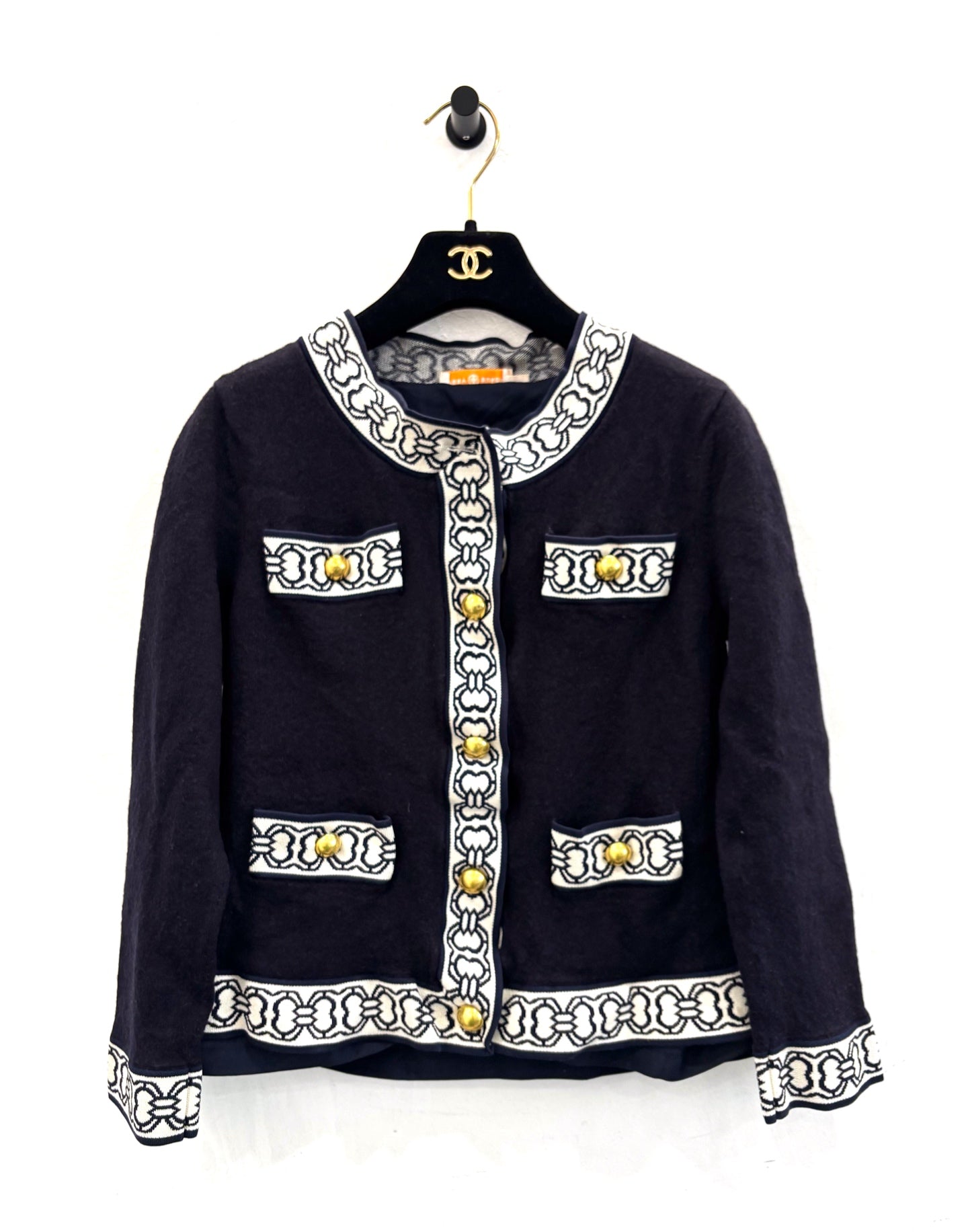 Tory Burch - Horseshoe Buckle Knit Cardigan 64649 - Merino wool - Navy with White Trim - (M)