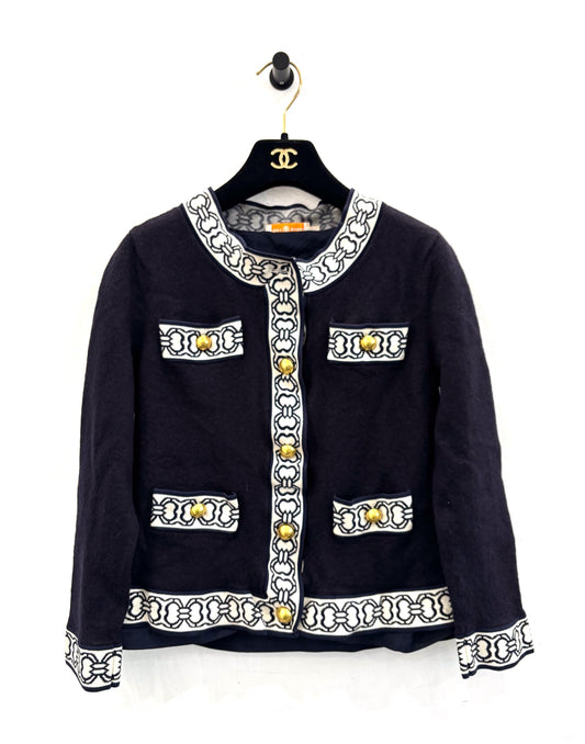 Tory Burch - Horseshoe Buckle Knit Cardigan 64649 - Merino wool - Navy with White Trim - (M)