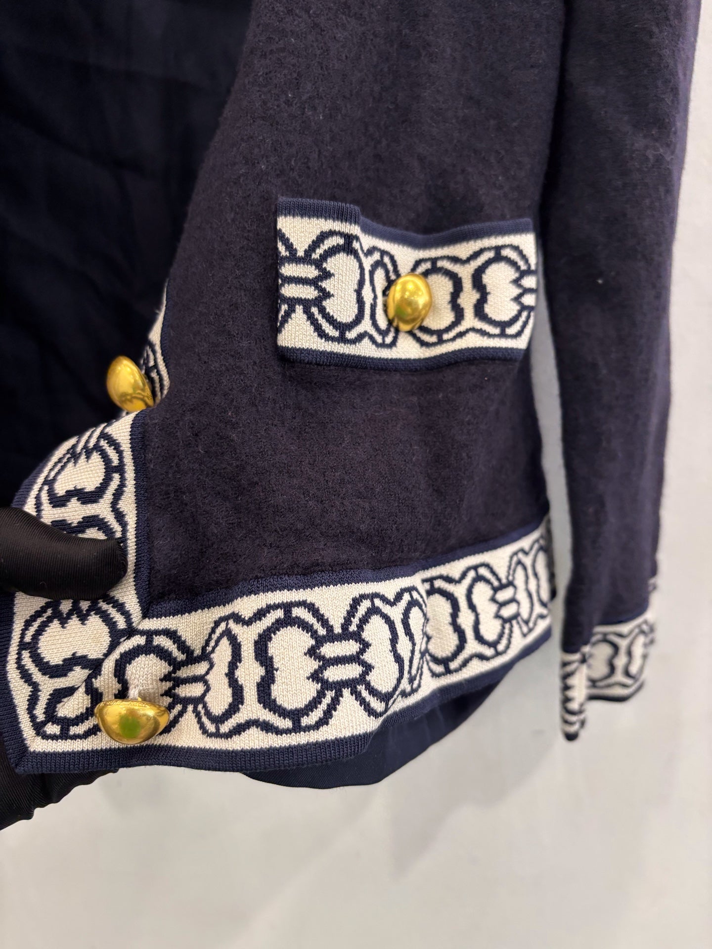 Tory Burch - Horseshoe Buckle Knit Cardigan 64649 - Merino wool - Navy with White Trim - (M)