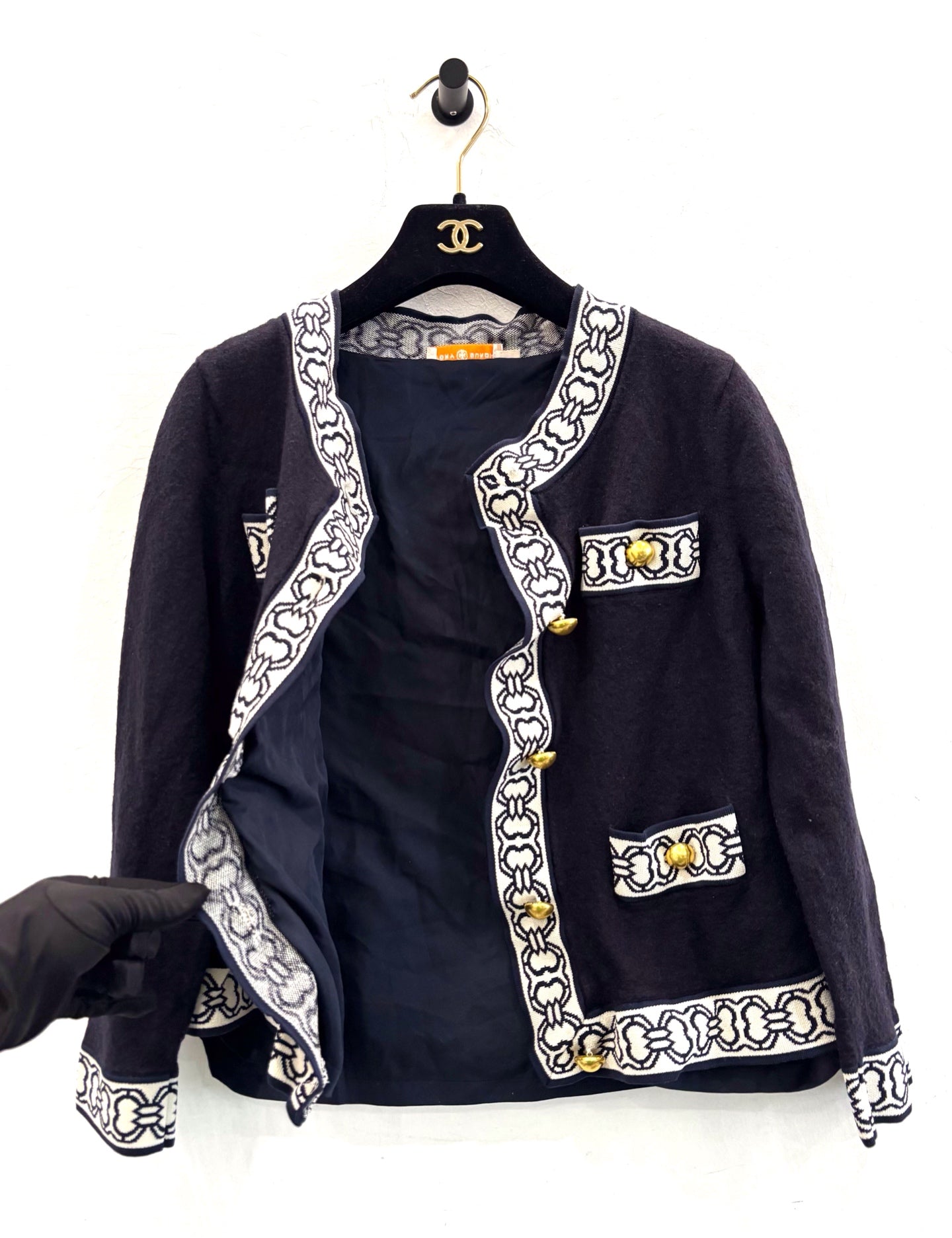 Tory Burch - Horseshoe Buckle Knit Cardigan 64649 - Merino wool - Navy with White Trim - (M)